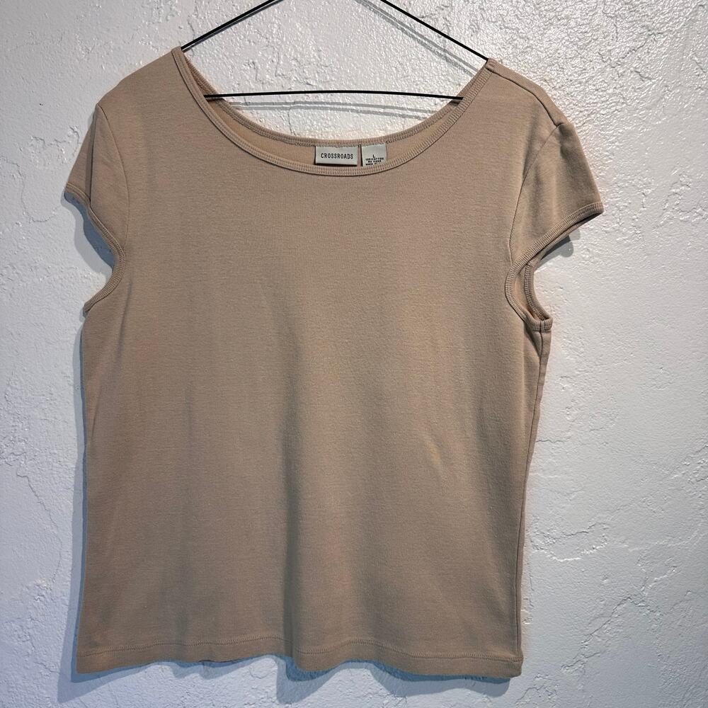 Vintage Crossroads Size Large 100% Cotton Tan Cap Sleeve T-Shirt Minimalist